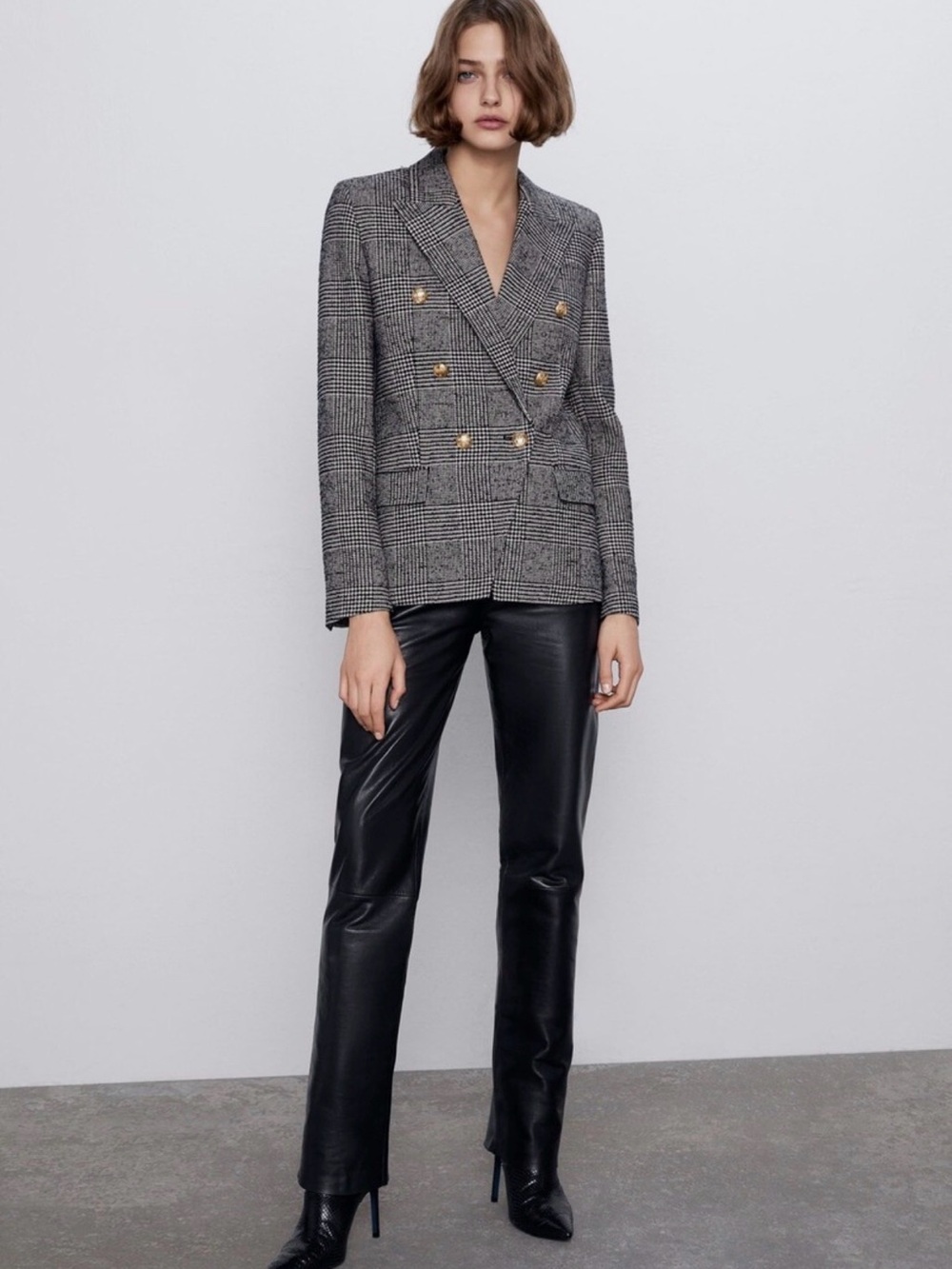 Zara Black & Gray Plaid Double-Breasted Blazer